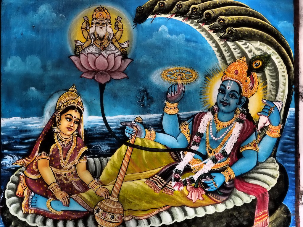 Vishnu auf der Weltenschlange "gebiert" den Brahma aus seinem Nabel